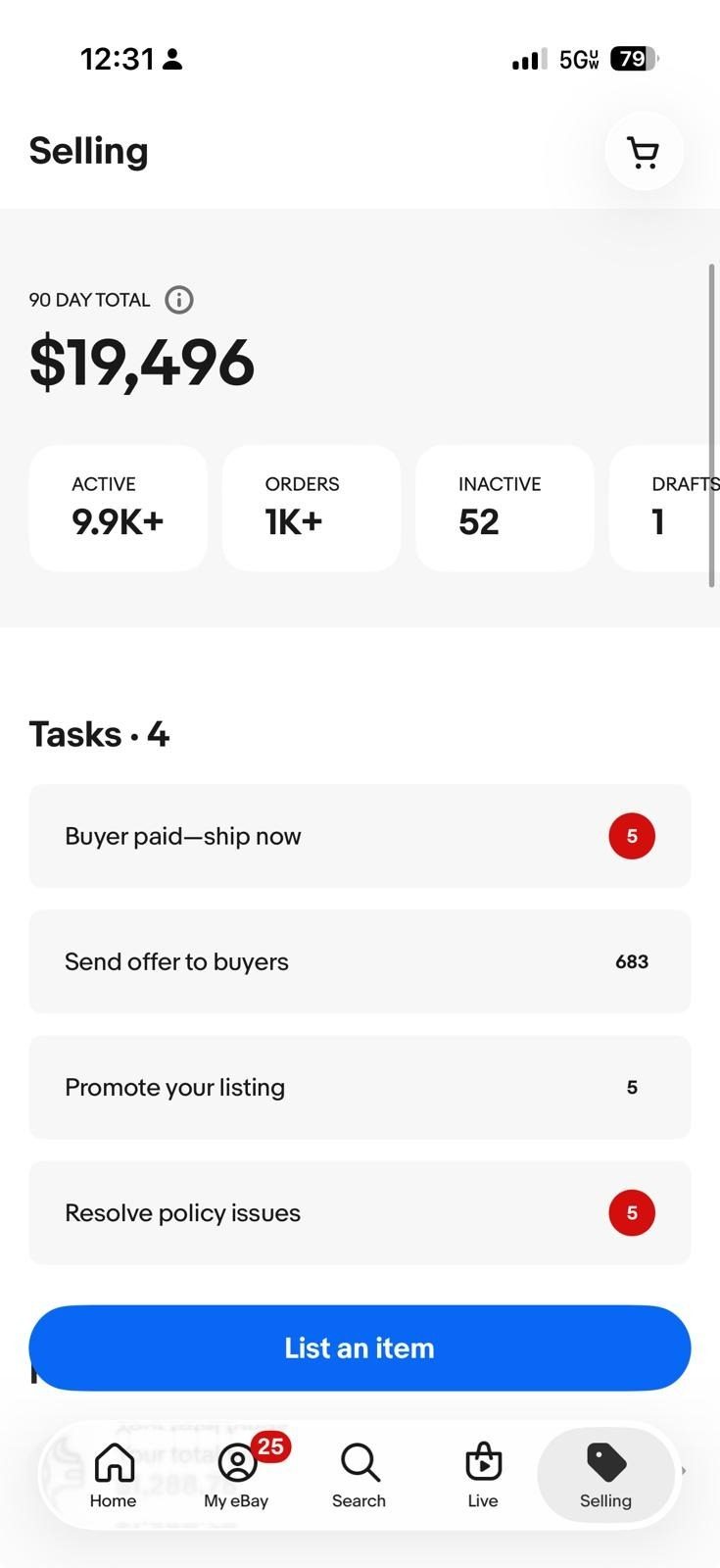eBay Seller Hub mobile view showing active selling value of $19,496