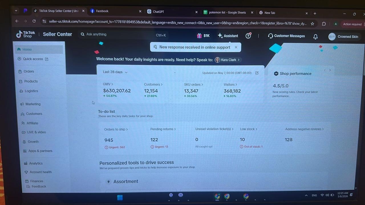 TikTok Shop GMV Max campaign with $1,000 daily target and $630K GMV