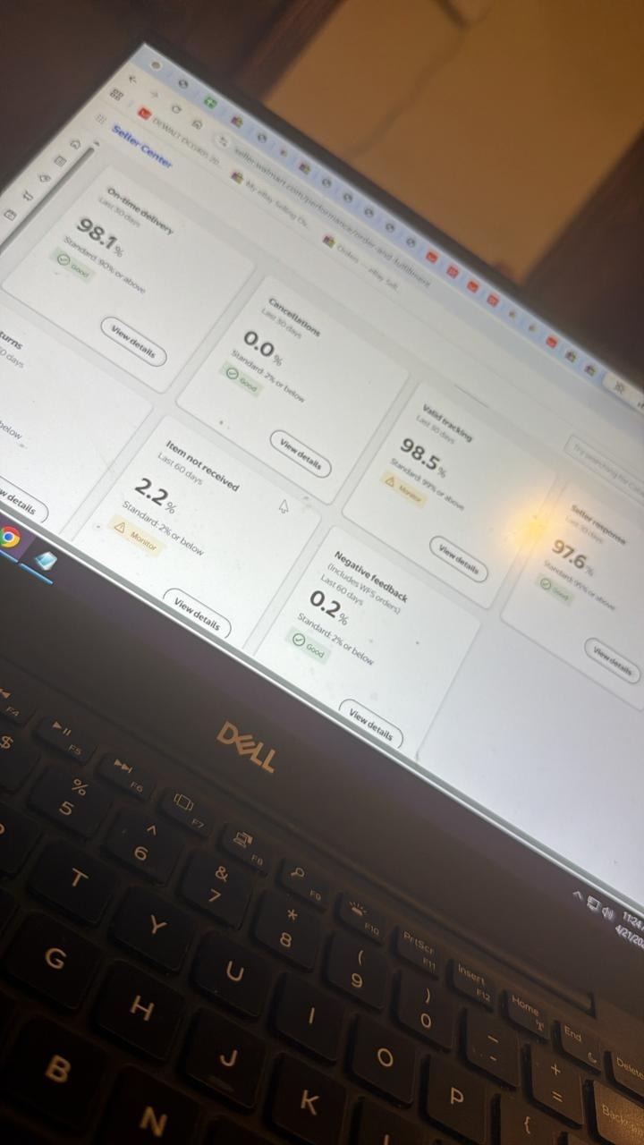 Walmart Seller Center account health on laptop showing 98.1% on-time delivery
