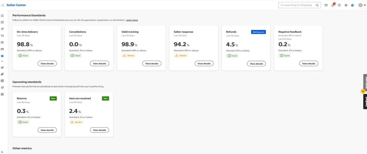 Walmart Performance Standards showing 98.8% on-time delivery and 0.0% cancellations