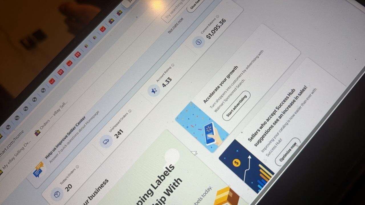 Walmart Seller Center home dashboard showing $1,095.36 current balance and 4.33 account rating